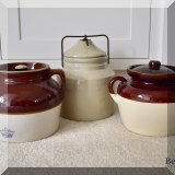 P05. Stoneware bean pots and crock. 